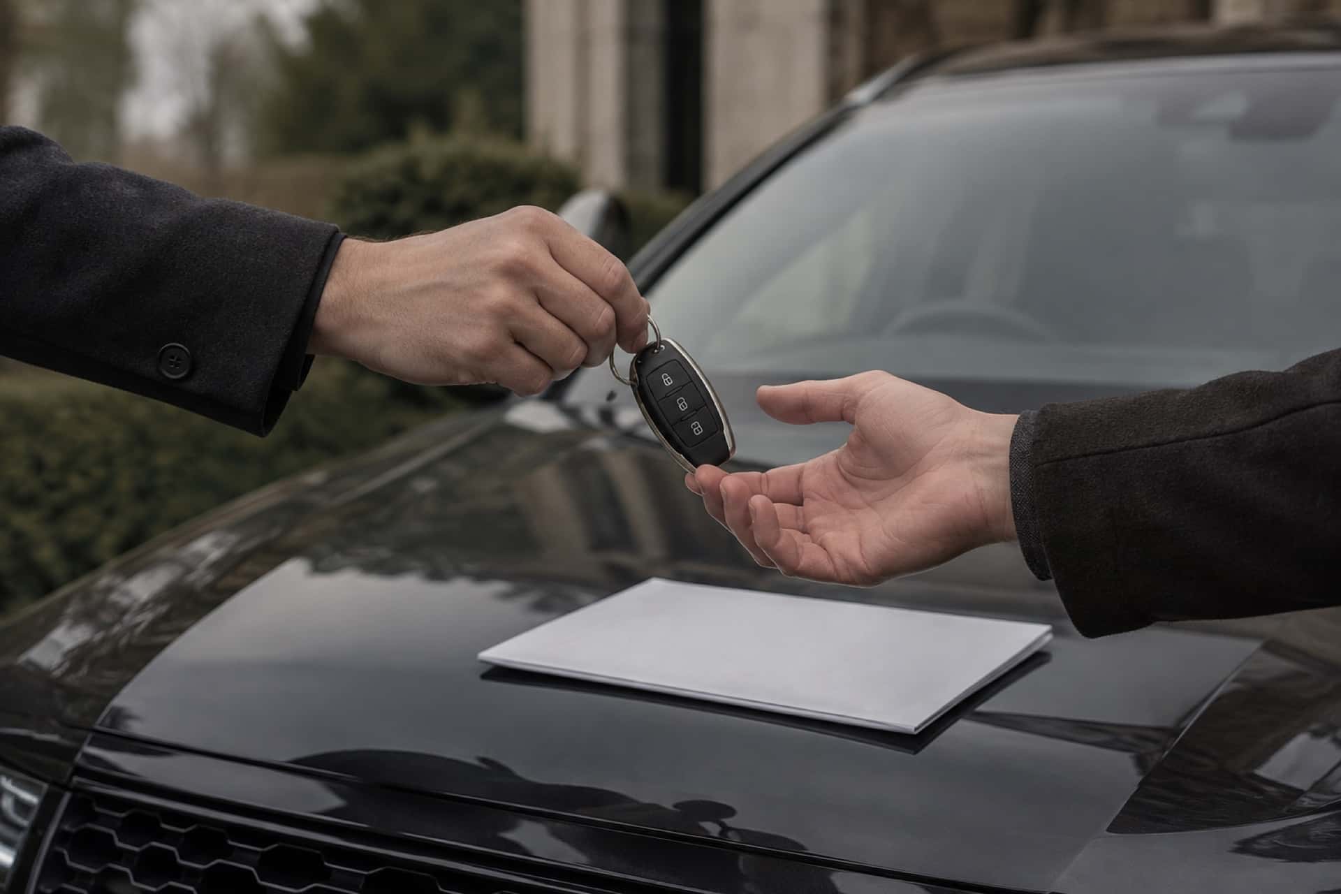 A car key passing from one hand to another over the bonnet of a dark car