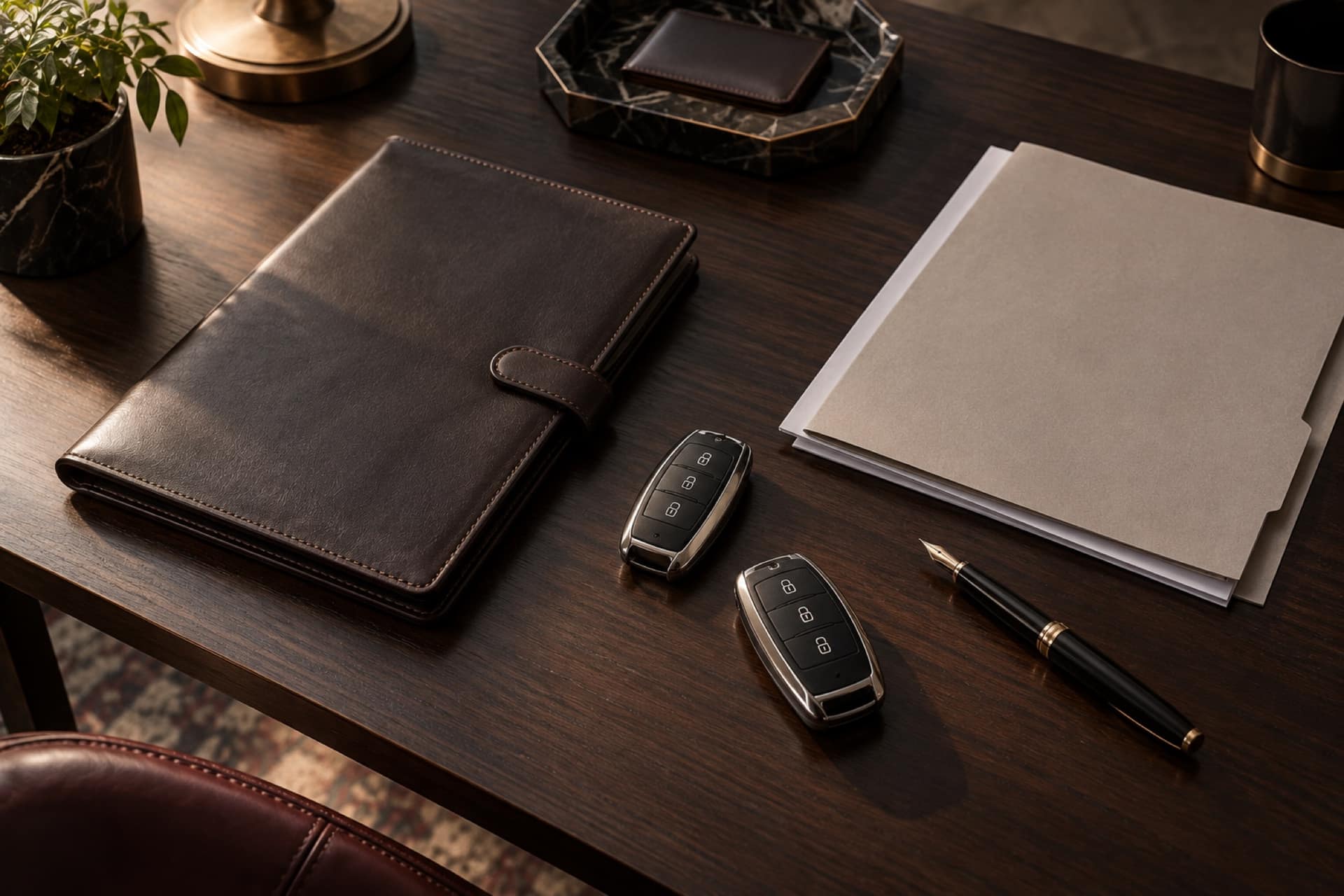 A leather folder, two car keys, a pen and a wallet of documents on a dark desk