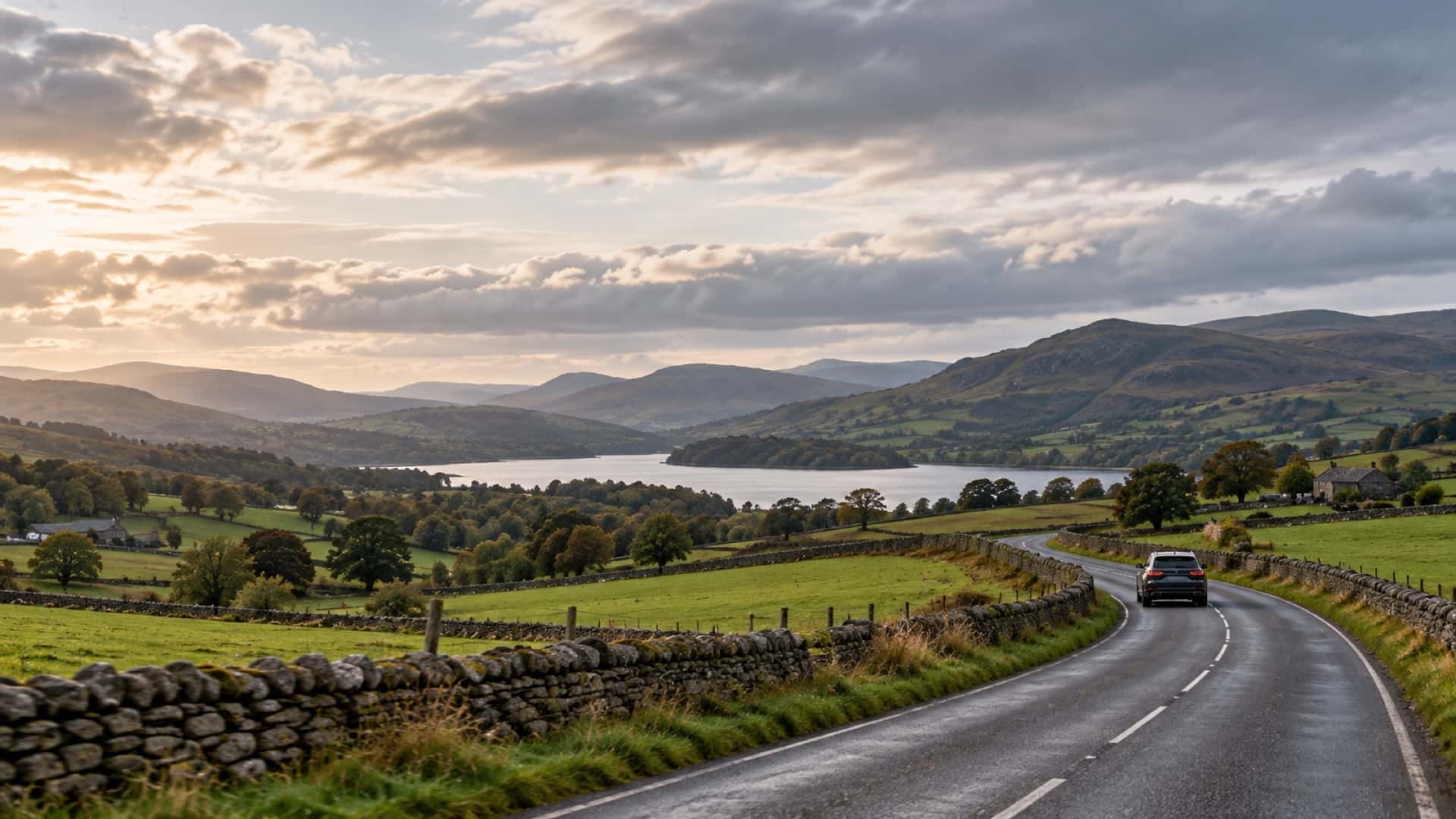 A single car on a country road above a lake, with dry stone walls and hills beyond