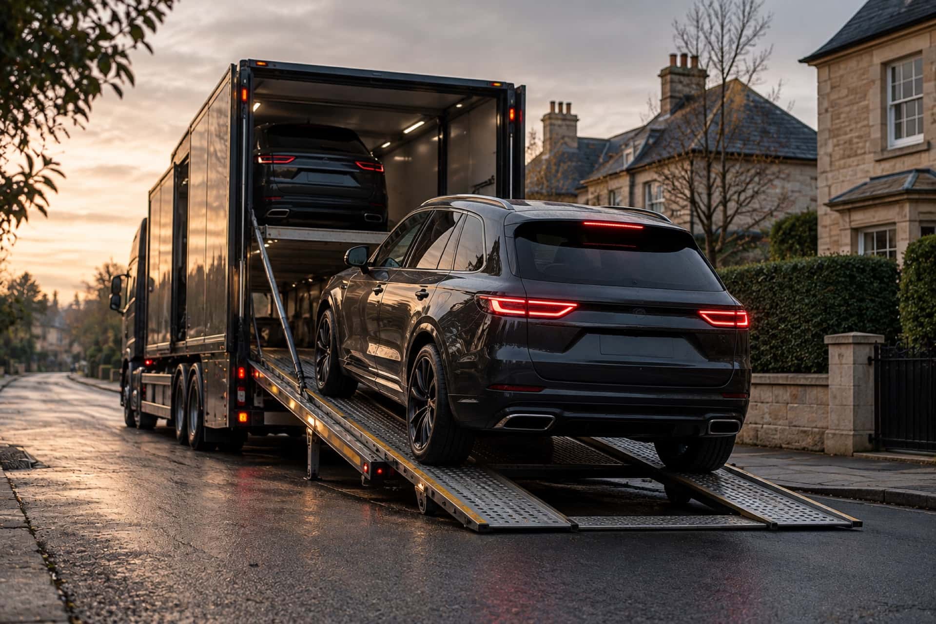 A dark estate car being loaded onto an enclosed transporter on a residential street at dusk
