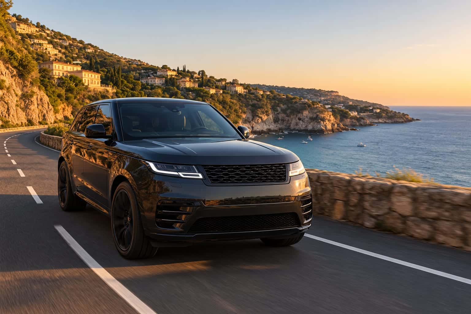 A dark estate car on a coastal road above the sea, driving on the left-hand side
