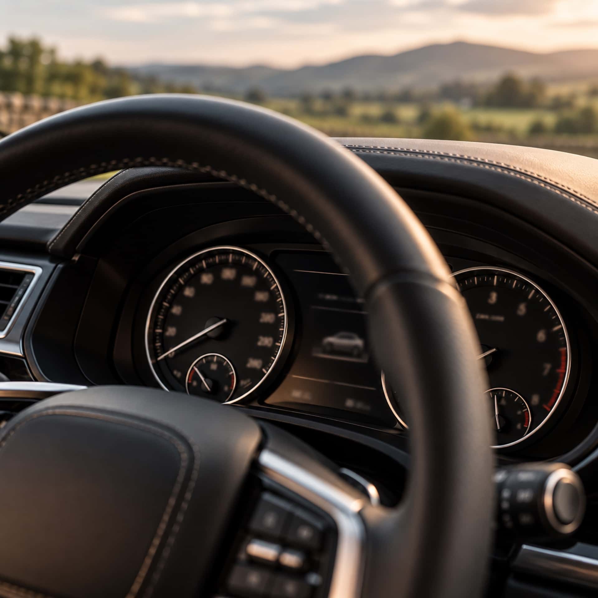 A car's instrument dials, close up, with countryside through the windscreen